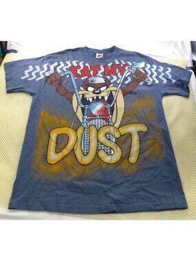Vintage 1997 Taz Eat My Dust T Shirt Looney Tunes Motorcycle 90s Big Print Doubl